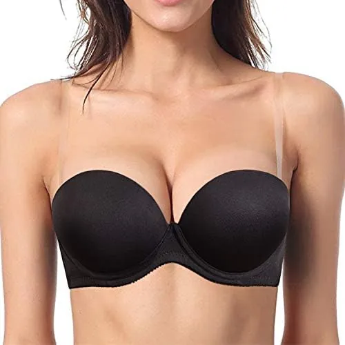 ybcg push up strapless padded convertible add a cup underwire supportive bra with clear straps for womens wedding black 36b